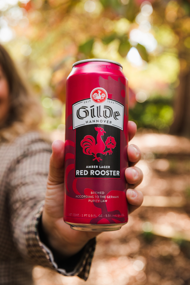 Gilde Red Rooster canned beer close up in hand